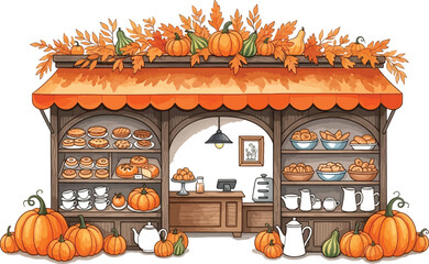 Charming autumn bakery shop with pumpkins and fall leaves watercolor illustration