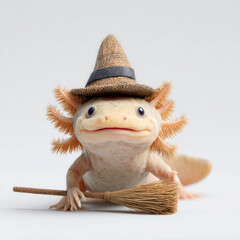 Cute Axolotl in Witch Hat with Tiny Broom – Funny Halloween Costume Animal in Minimalist Studio