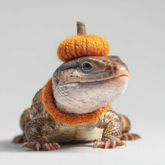 Blue-Tongue Skink Wearing Halloween Pumpkin Hat – Exotic Lizard in Festive Scene