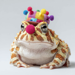 Pacman Frog in Full Clown Costume – Hilarious Halloween Amphibian in Colorful Outfit