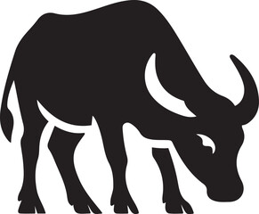Water buffalo grazing silhouette animal, Black buffalo silhouette on white background