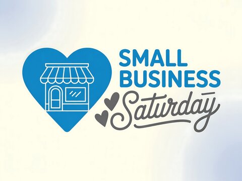 Support local stores on small business saturday with a heart symbol and charming storefront illustration