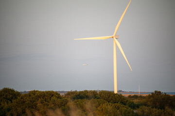 Denmark - Wind Turbine and Distant Airplane Soaring Over a Verdant Coastal Landscape Under Clear Skies