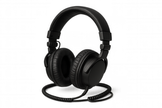 Black over-ear headphones with coiled cable for audio listening or music production, transparent background - Powered by Adobe