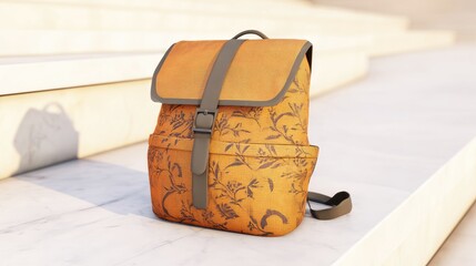 Orange floral backpack on steps
