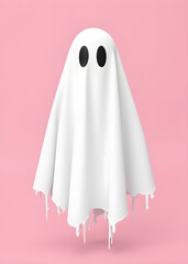 Halloween Ghost with Torn White Sheet on Pink Background 