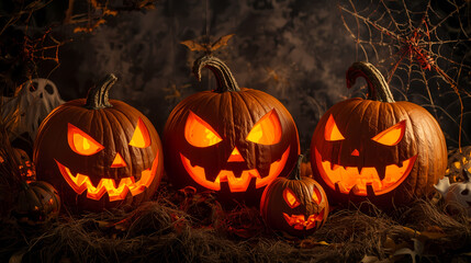 Spooky Halloween Pumpkins: A captivating still life of glowing carved pumpkins with sinister expressions, each radiating an eerie light amidst spider webs and ominous shadows.
