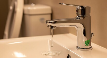 Symbol of water conservation: shiny chrome faucet dripping water beside a toilet