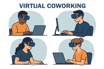 Diverse group of people using virtual reality headsets for remote work collaboration