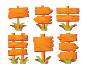 Collection of Cartoon Wooden Signs with Directional Arrows and Blank Boards Placed Amidst Lush Greenery for Decoration