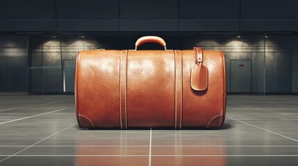 Brown leather suitcase on grey floor