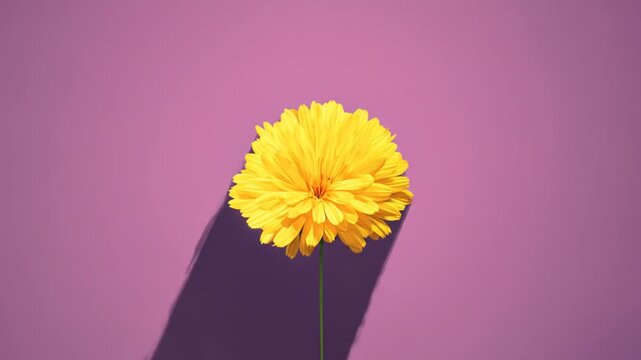 Single yellow flower with long stem casting a shadow on a purple background
