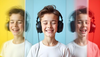 Neurodivergent kid boy wearing headphones surrounded by reflections with cheerful emotional expressions representing fragmented perception and sensory joy in autism