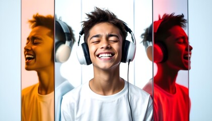 Neurodivergent kid boy wearing headphones surrounded by reflections with cheerful emotional expressions representing fragmented perception and sensory joy in autism