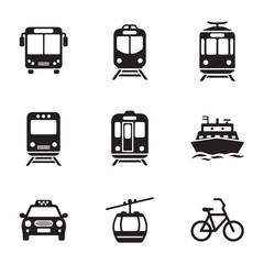 Minimal Public Transportation Icons Set – Silhouette Vector Symbols for Bus, Train, Metro, on white background.