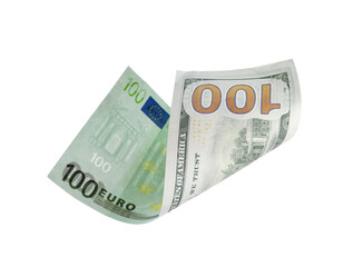 Money exchange. Euro banknote on one side and dollar on other against white background