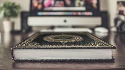 Ornate book on wooden desk