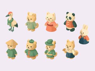 A set of cute isometric animal characters dressed in traditional Asian clothing, including a stork, dogs, cats, panda, rabbit, and bears in cultural attire.