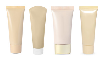 Tubes of different cosmetic products isolated on white, set