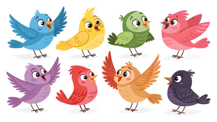 Collection of cute adorable cartoon birds cheerful and playful poses different colors feathered friends cute animal characters