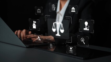 Legal compliance and governance concept showing justice scale, courthouse, contract, policy,...