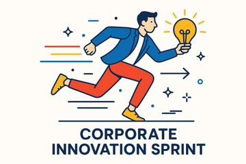 Businessman running with bright idea lightbulb in corporate innovation sprint