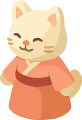 A cute isometric cat character wearing a traditional orange kimono, smiling with closed eyes in a joyful cartoon style.