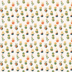 A seamless pattern featuring cute isometric animal characters like panda, rabbit, fox, bear, cat, and stork dressed in traditional Asian outfits, arranged on a light background.