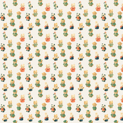 A seamless pattern featuring cute isometric animal characters like panda, rabbit, fox, bear, cat, and stork dressed in traditional Asian outfits, arranged on a light background.