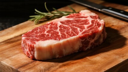 Fototapeta premium Raw ribeye steak with marbling on a wooden cutting board, garnished with rosemary
