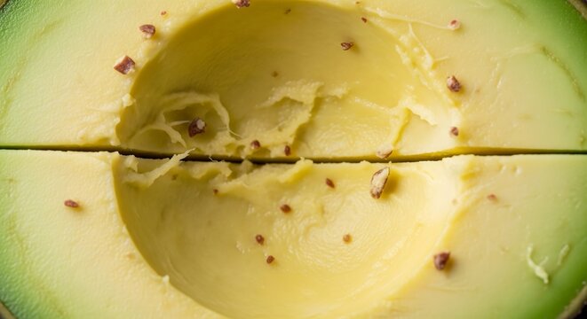 Deep dive into an avocado's core as the pit slices open, revealing lush green textures and seed flecks in exquisite detail. Perfect for superfood ads and culinary content, celebrating vibrant, nutrien