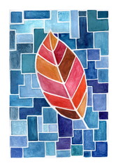 This illustration features a vibrant geometric composition. A large leaf is depicted against a background of numerous blue and light blue rectangles, reminiscent of a mosaic or stained glass. 