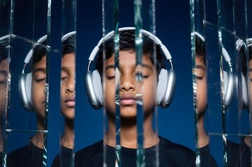 Obraz premium Neurodivergent indian kid boy with headphones and closed eyes fragmented in mirror panels symbolizing introspection emotional silence and sensory disconnection in autism