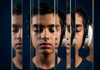 Neurodivergent indian teen boy with headphones surrounded by symmetrical reflections of his neutral face on vertical glass panels symbolizing social isolation and fragmented identity