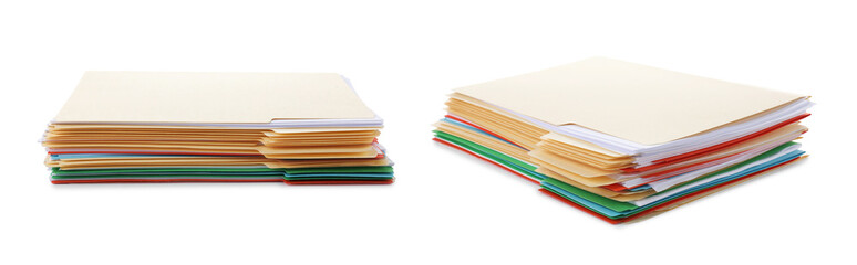 Documents in colorful file folders isolated on white, collage