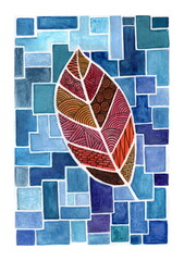 This illustration combines geometry and ethnic patterns. A large leaf is depicted against a cool mosaic of light blue and blue rectangles. Its segments are painted in warm hues.
