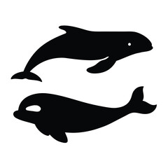 Obraz premium Two silhouetted dolphins gracefully swimming together against a white background