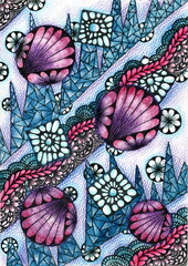 The illustration is executed in an abstract, decorative style reminiscent of Zentangle and surrealism. It features large purple-pink shells with radial lines, against a background of blue shapes.