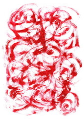 An expressive abstraction painted in red on a white background. Dynamic brushstrokes create a multitude of swirling and spiraling shapes, reminiscent of a chaotic flow of emotions or energies. 