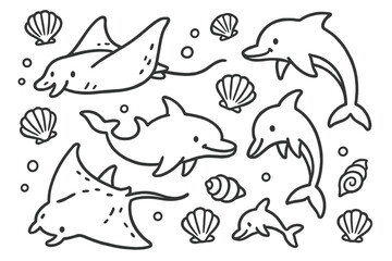 Black & White Sea Doodles. Doodle sea animals with manta rays, dolphins, and shells in black and white isolated transparent
