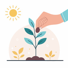 Hand planting seed in soil for growing green plant in sunlight  