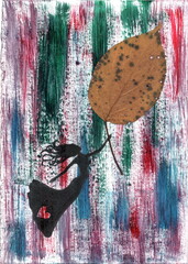 The background is made with bright vertical brushstrokes. A real dried leaf is glued to this background, holding the silhouette of a girl in a long dress. The girl seems to float, carried by the leaf.