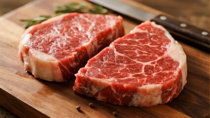 Fototapeta premium Two raw ribeye steaks with marbling on a wooden cutting board, garnished with rosemary and peppercorns