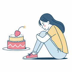 Young girl sitting and looking at birthday cake with sadness  