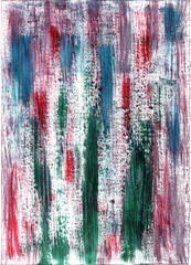 This illustration is executed in the abstract expressionist technique: vertical brushstrokes of green, blue, red, and purple create a sense of movement and fluidity. The painting resembles streams.
