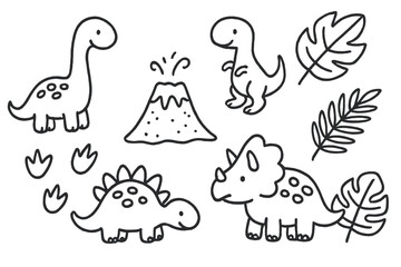 Dino Doodles Jungle. Simple doodle dino sketches with footprints, volcano, and jungle leaves in black and white isolated