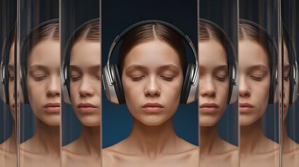 Autistic teen girl woman with noise cancelling headphones neutral face reflected in glass segments showing perceptual disconnection identity layering sound isolation neurodivergent state