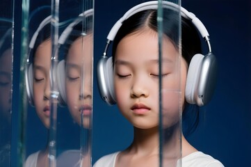Autistic asian child girl wearing white shirt and noise cancelling headphones reflected in multiple blurred mirror panels symbolizing fragmented perception and emotional detachment