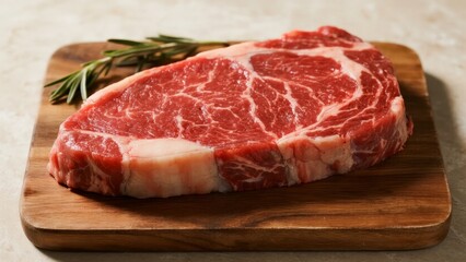 Obraz premium Raw ribeye steak with rosemary on a wooden cutting board