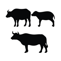 Three black silhouettes of water buffaloes standing against a white background
